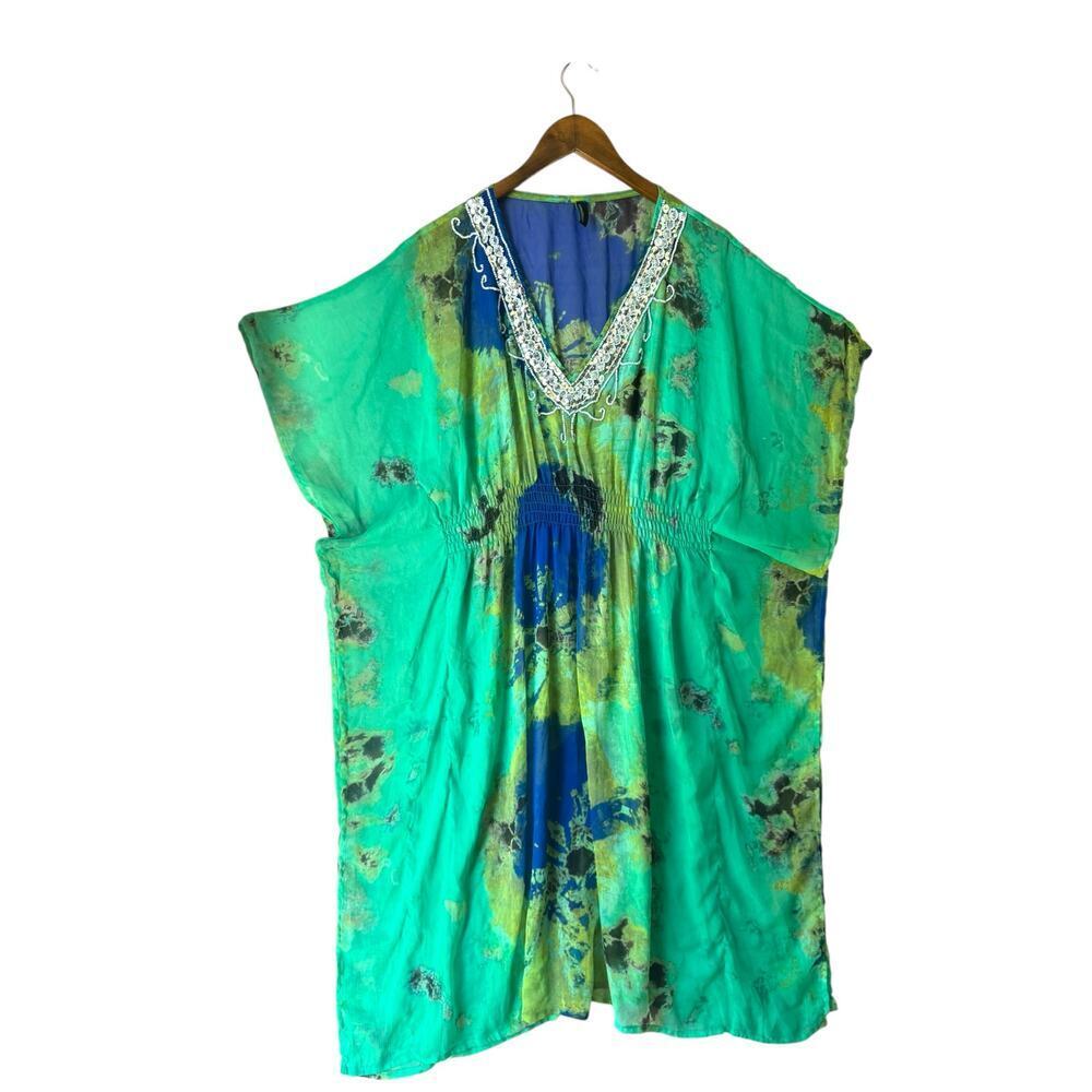 Cynthia Rowley S/M Kaftan Dress Tunic Green Blue Pr Embellished Boho Resortwear - Picture 3 of 7